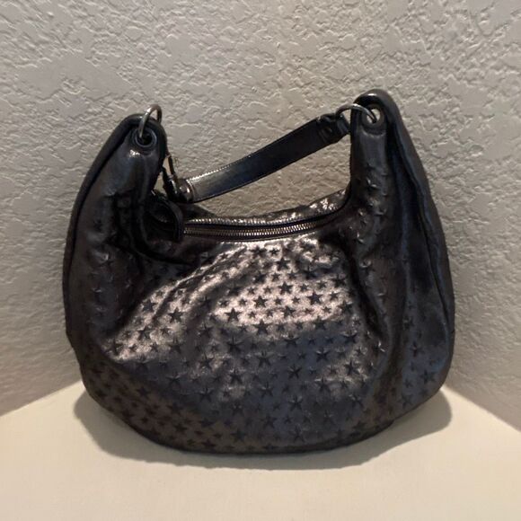 Jimmy Choo Star Embossed Hobo Shoulder Bag Gunmetal Leather Celestial Zodiac - Picture 2 of 13
